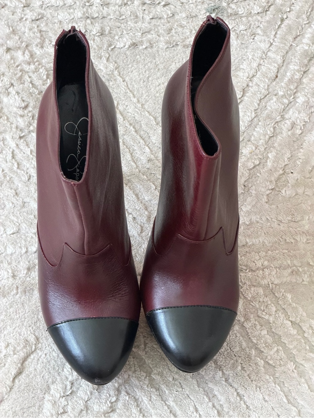 Jessica Simpson Burgundy with Black Cap Toe Leather Ankle Boots